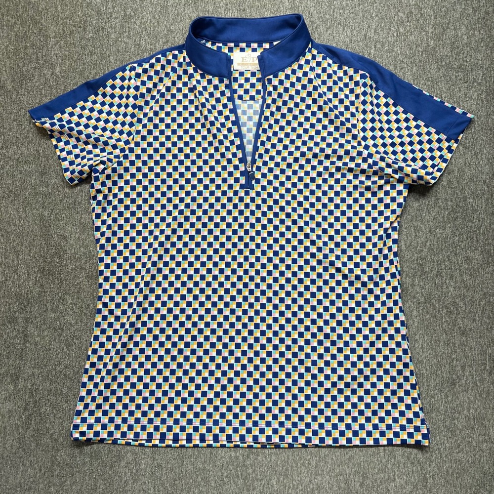 EP‎ Pro Tour Tech Womens Golf Polo Shirt Checkered Quarter Zip Blue Yellow Large